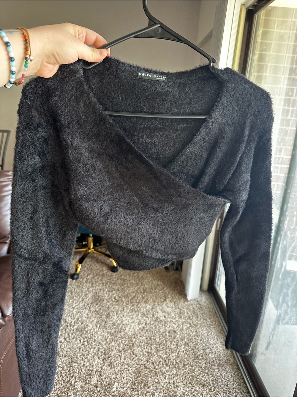 SHEIN Black Faux-Fur Eyelash Wrap Sweater